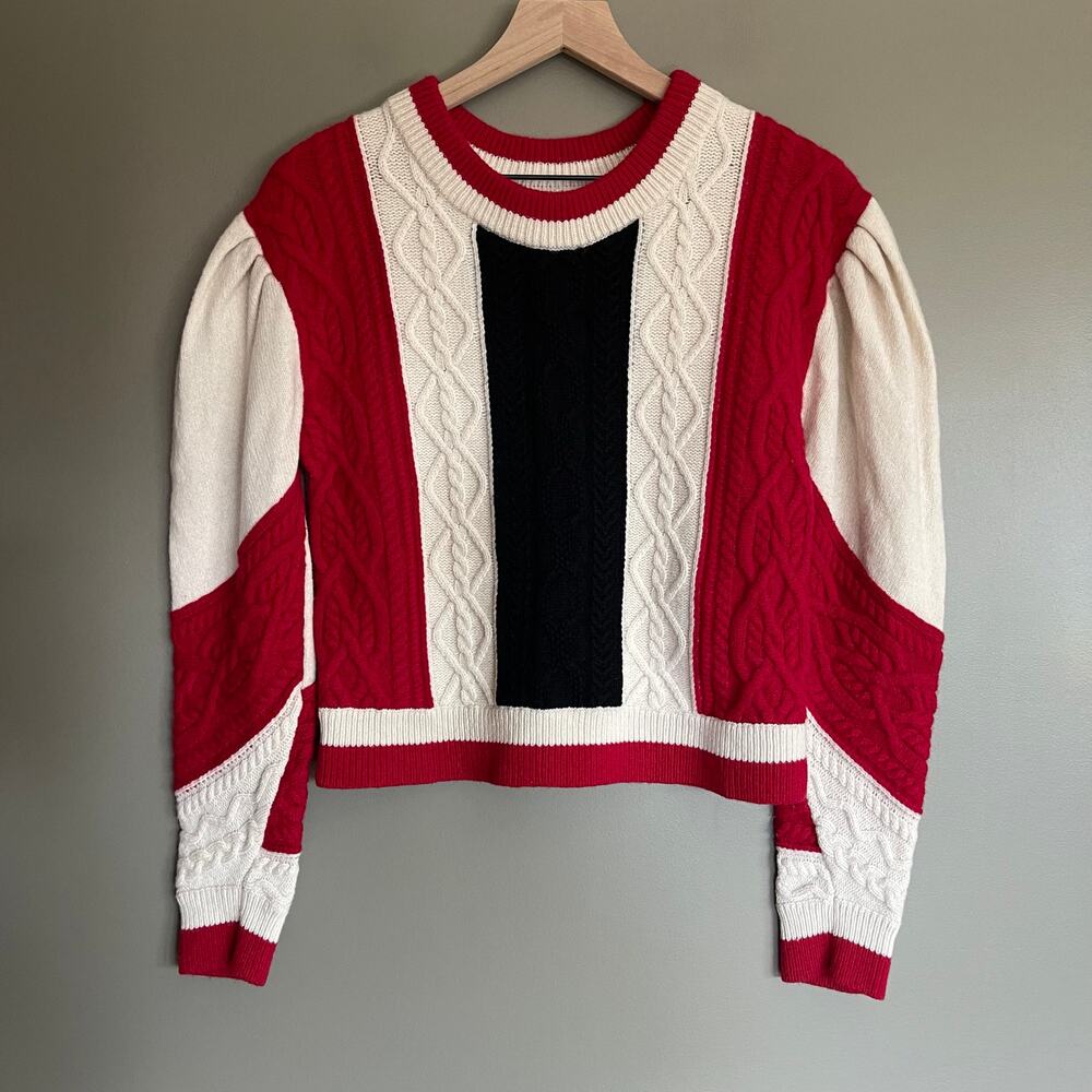 CLAUDIE PIERLOT Mixity Pullover Sweater Size Medium Red Black Cream Puff Sleeves - Picture 4 of 16